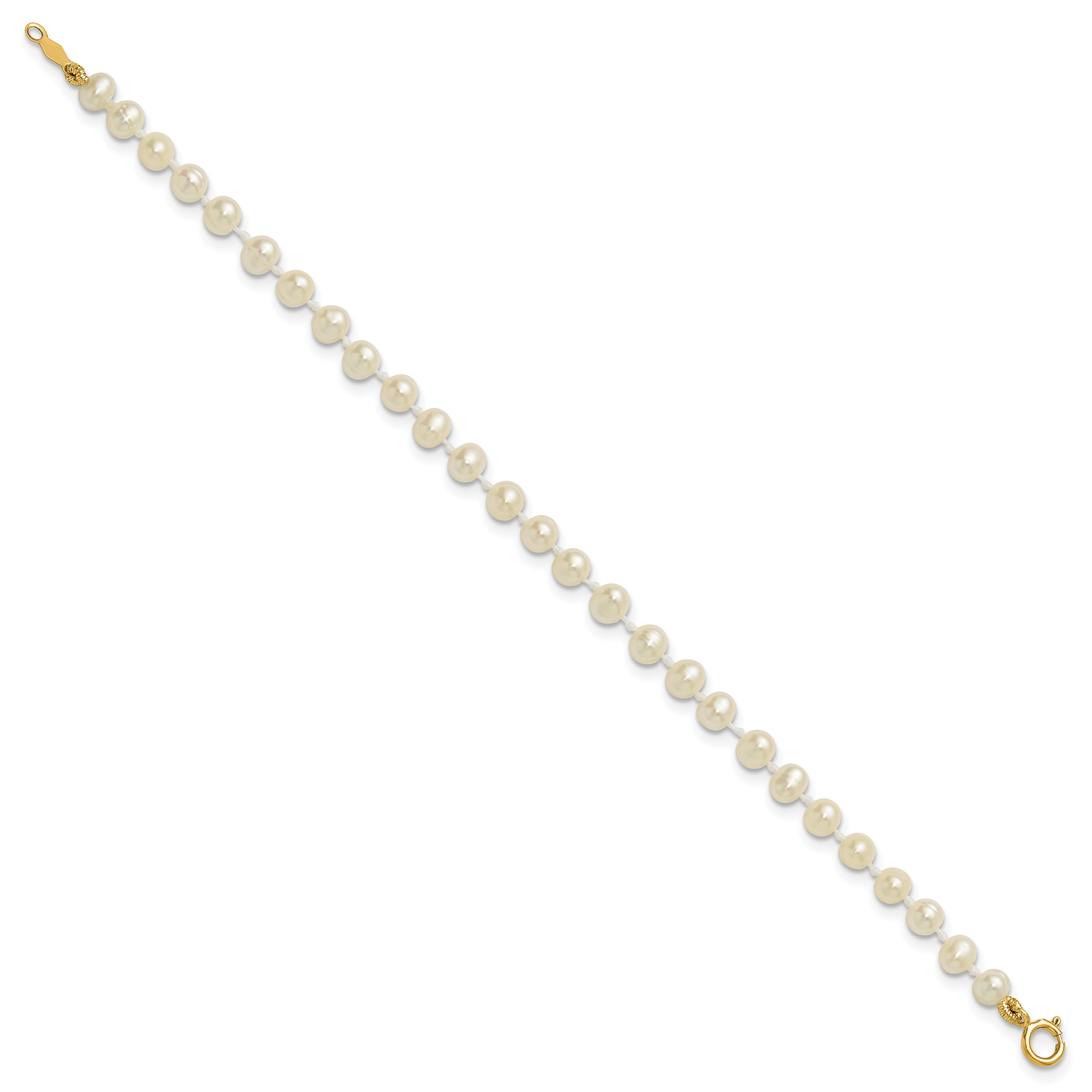 14K Yellow Gold 3 4mm White Semi Round Freshwater Cultured Pearl 5 Inch Bracelet