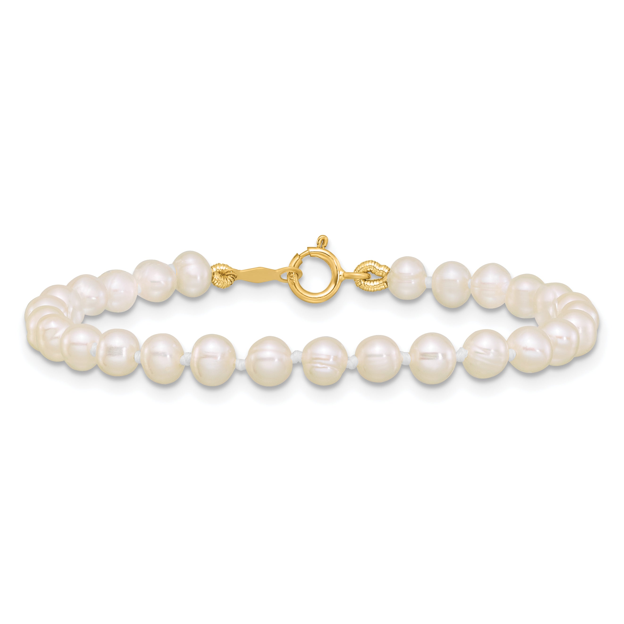 14K Yellow Gold 3 4mm White Semi Round Freshwater Cultured Pearl 5 Inch Bracelet