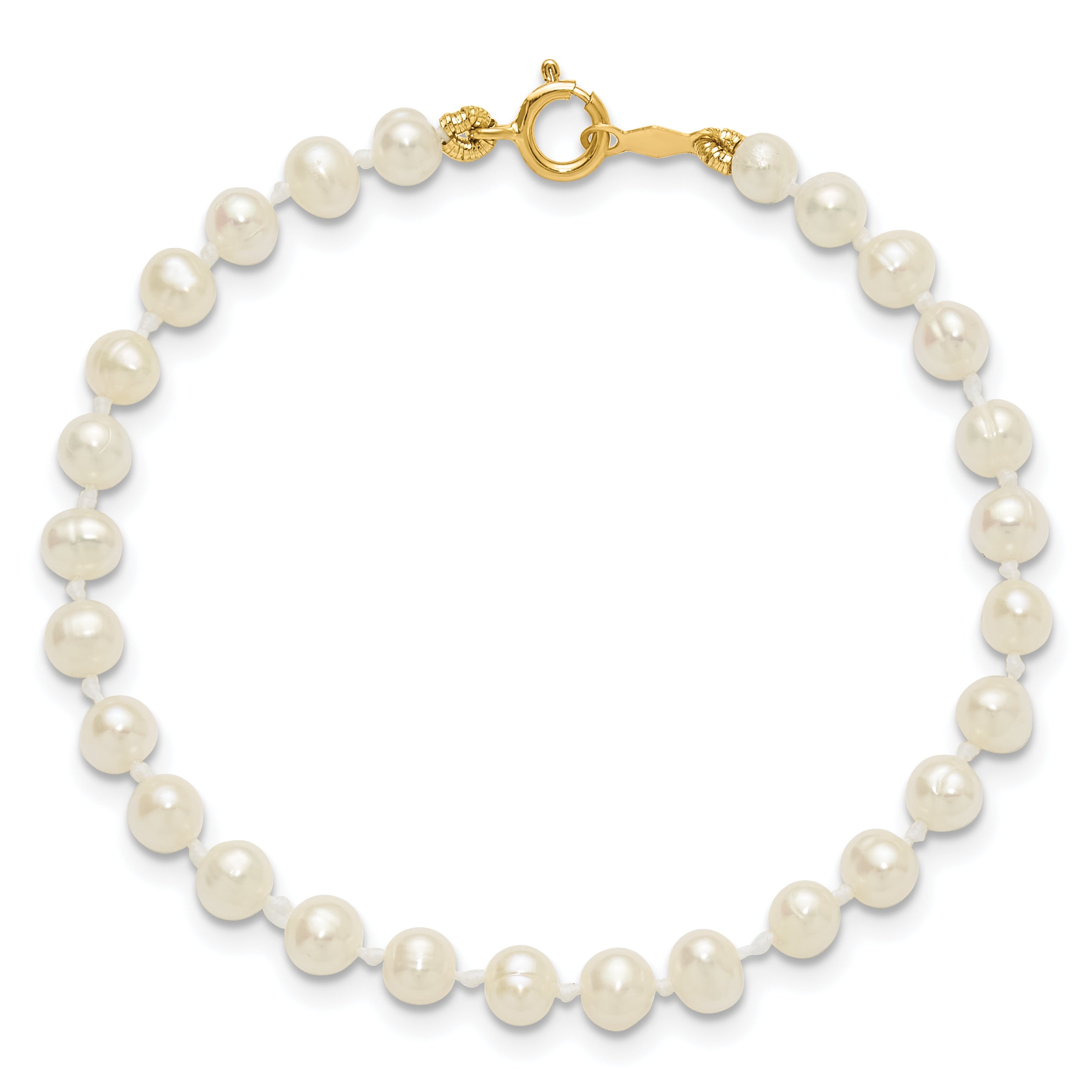 14K Yellow Gold 3 4mm White Semi Round Freshwater Cultured Pearl 5 Inch Bracelet