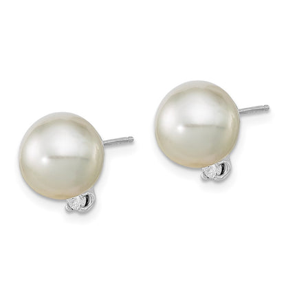 14K White Gold 9 10mm Round South Sea Saltwater Cultured Pearl And .10 Carat Diamond Post Earrings