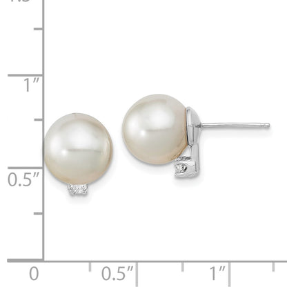 14K White Gold 9 10mm Round South Sea Saltwater Cultured Pearl And .10 Carat Diamond Post Earrings