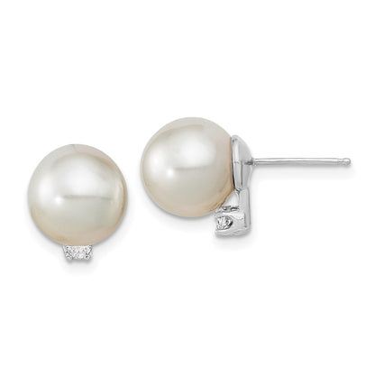 14K White Gold 9 10mm Round South Sea Saltwater Cultured Pearl And .10 Carat Diamond Post Earrings