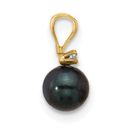 14k Yellow Gold 14k 5-6mm Black Round Akoya Saltwater Cultured Pearl and .01 Carat Diamond Pendant