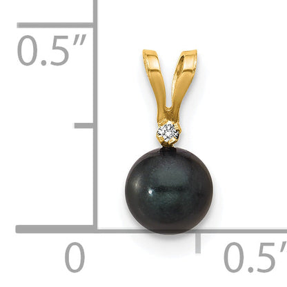 14k Yellow Gold 14k 5-6mm Black Round Akoya Saltwater Cultured Pearl and .01 Carat Diamond Pendant