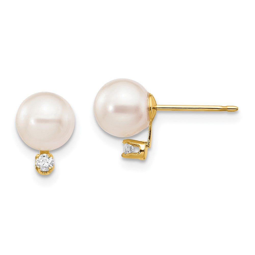 14K Yellow Gold 6 7mm White Round Akoya Saltwater Cultured Pearl And 1/20 Carat Diamond Post Earrings