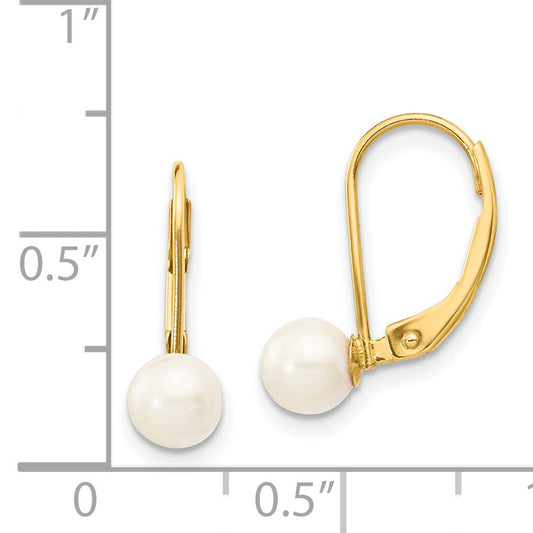 14K Yellow Gold 5 6mm White Round Akoya Saltwater Cultured Pearl Leverback Earrings