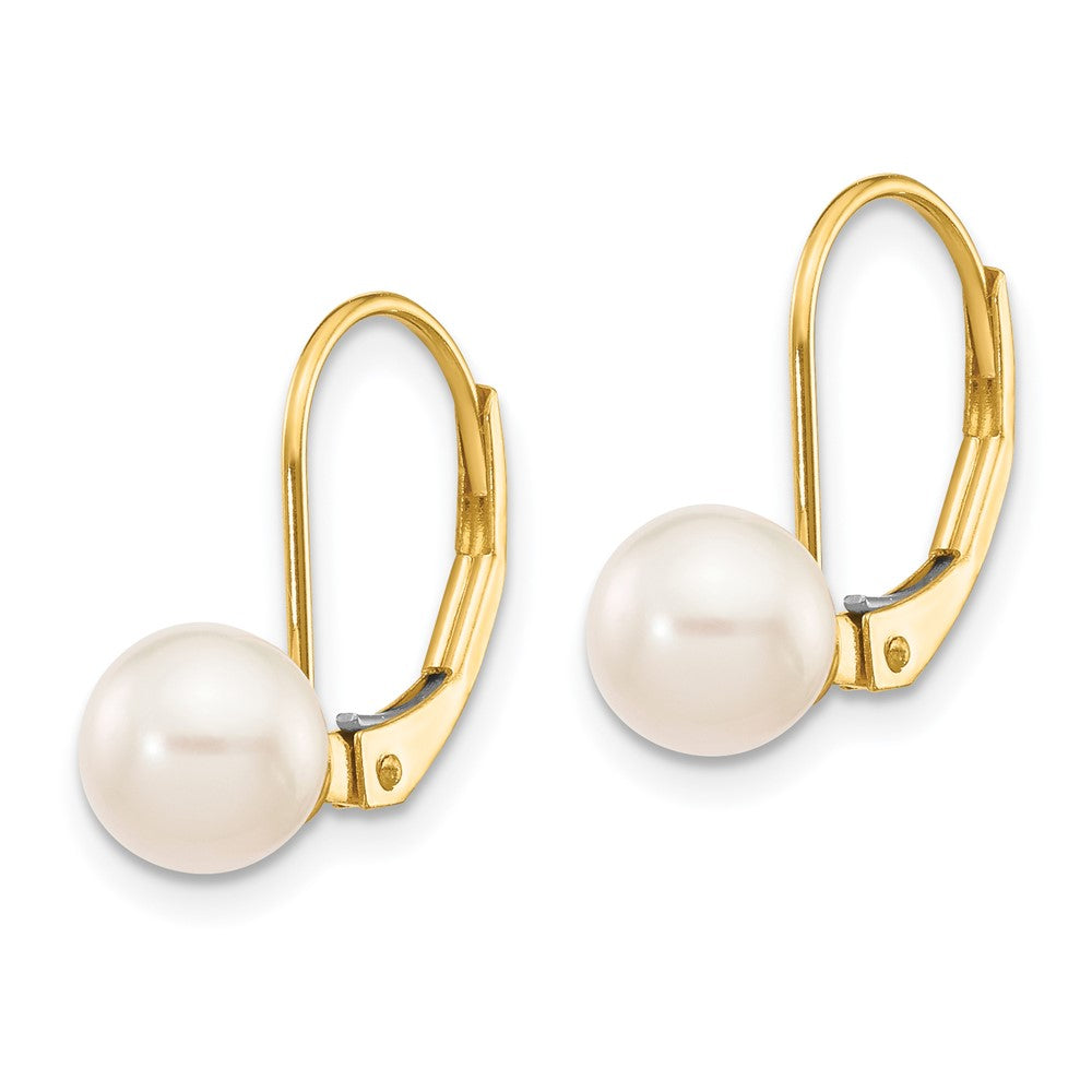 14K Yellow Gold 6 7mm White Round Akoya Saltwater Cultured Pearl Leverback Earrings