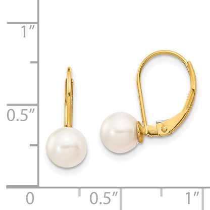14K Yellow Gold 6 7mm White Round Akoya Saltwater Cultured Pearl Leverback Earrings