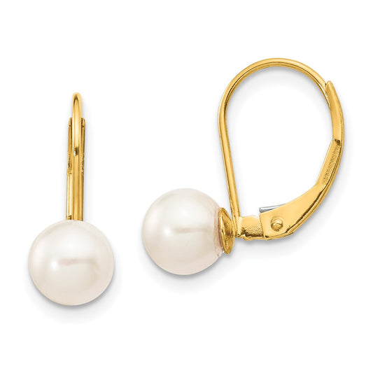 14K Yellow Gold 6 7mm White Round Akoya Saltwater Cultured Pearl Leverback Earrings
