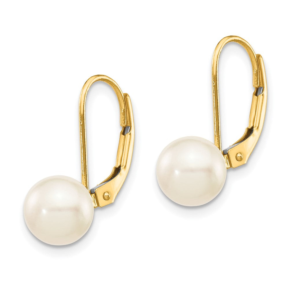 14K Yellow Gold 7 8mm White Round Saltwater Akoya Cultured Pearl Leverback Earrings