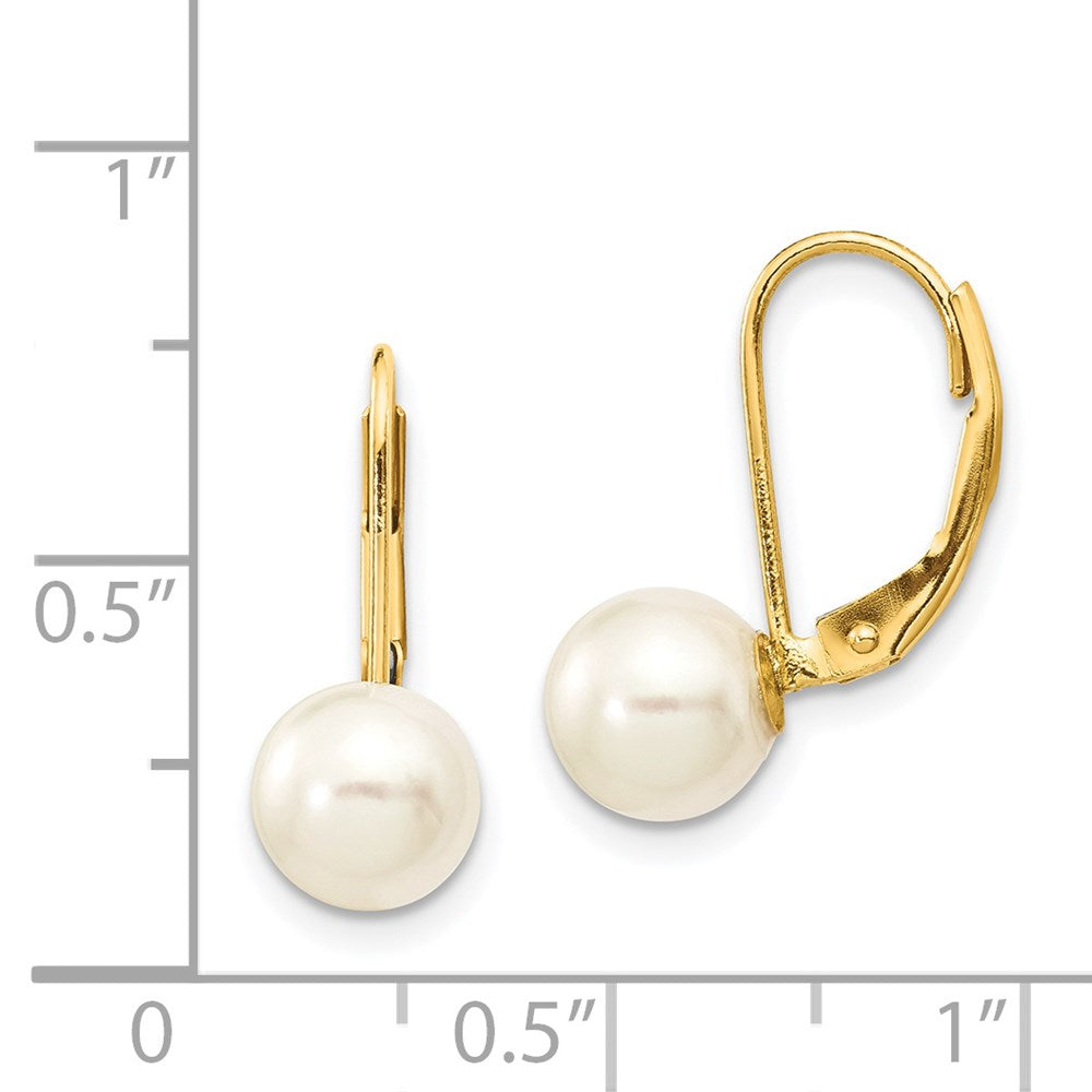 14K Yellow Gold 7 8mm White Round Saltwater Akoya Cultured Pearl Leverback Earrings