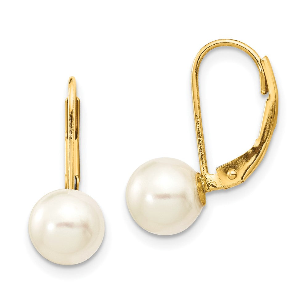 14K Yellow Gold 7 8mm White Round Saltwater Akoya Cultured Pearl Leverback Earrings