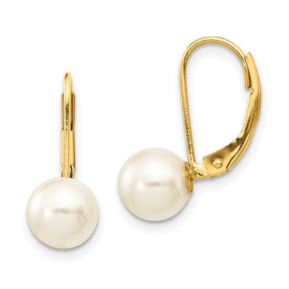 14K Yellow Gold 7 8mm White Round Saltwater Akoya Cultured Pearl Leverback Earrings