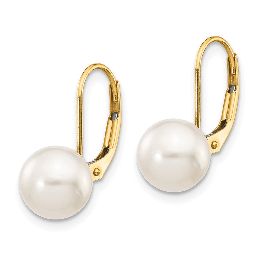 14K Yellow Gold 8 9mm White Round Akoya Saltwater Cultured Pearl Leverback Earrings