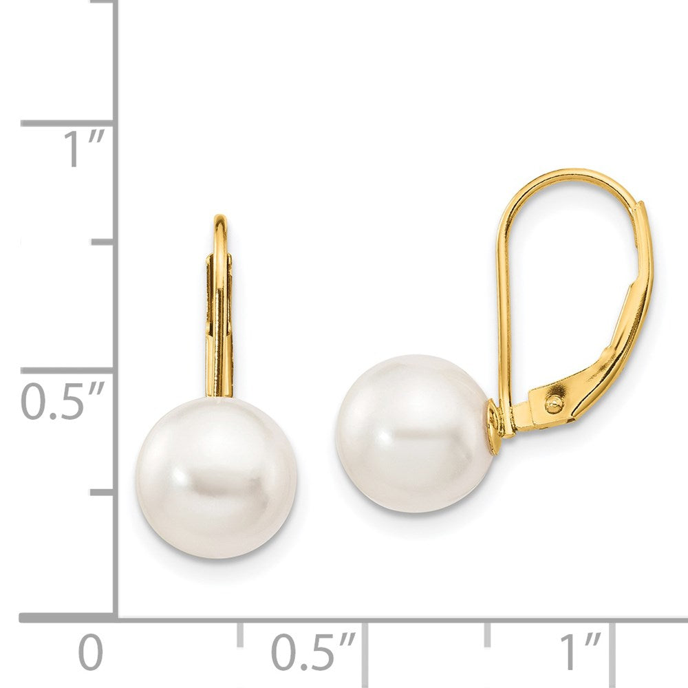 14K Yellow Gold 8 9mm White Round Akoya Saltwater Cultured Pearl Leverback Earrings