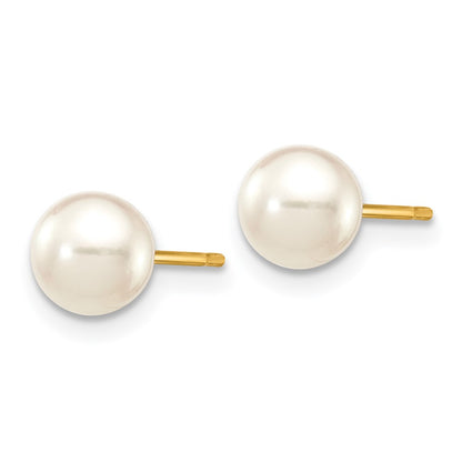 14K Yellow Gold 5 6mm White Round Akoya Saltwater Cultured Pearl Stud Post Earrings