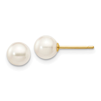 14K Yellow Gold 5 6mm White Round Akoya Saltwater Cultured Pearl Stud Post Earrings