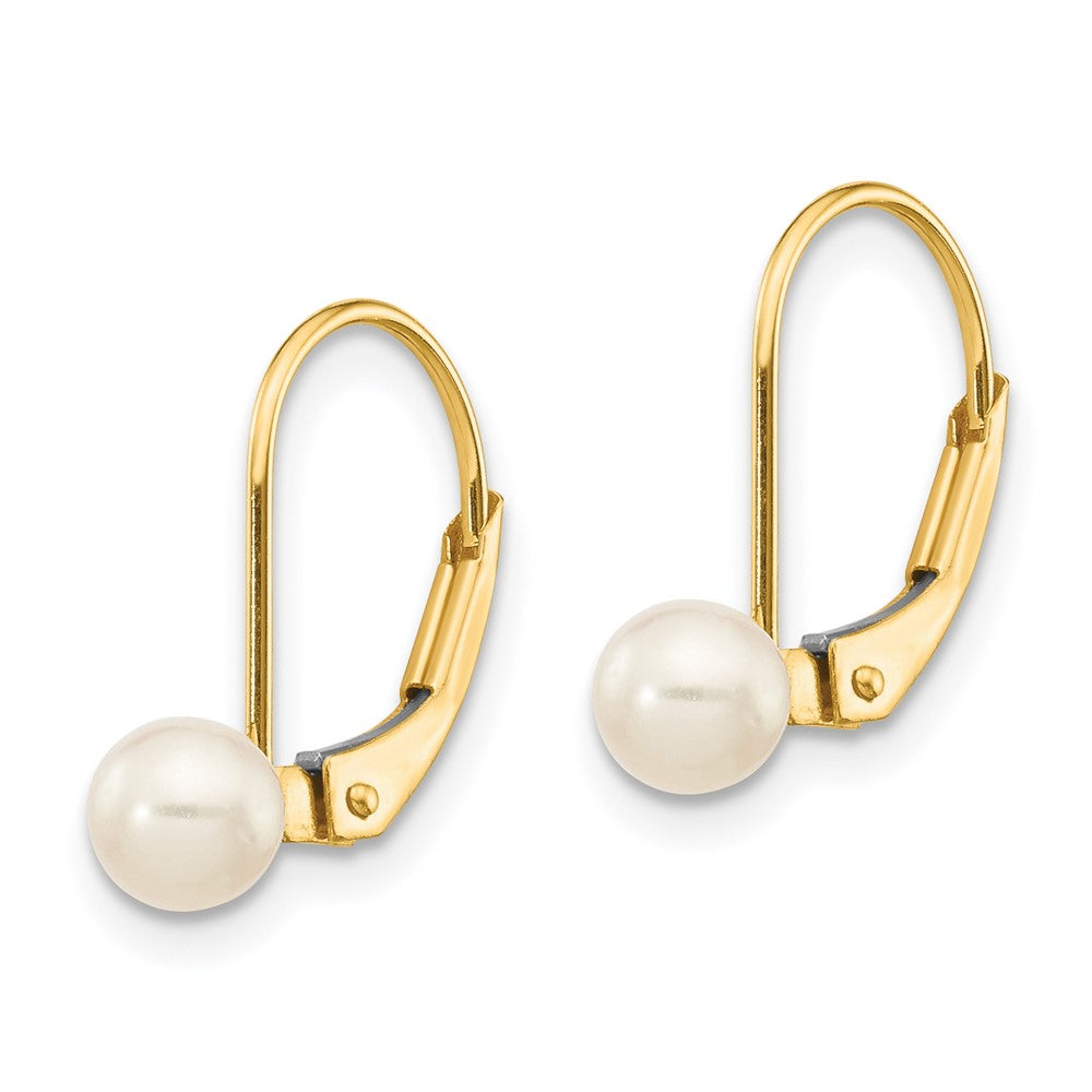 14K Yellow Gold 4 5mm White Round Freshwater Cultured Pearl Leverback Earrings