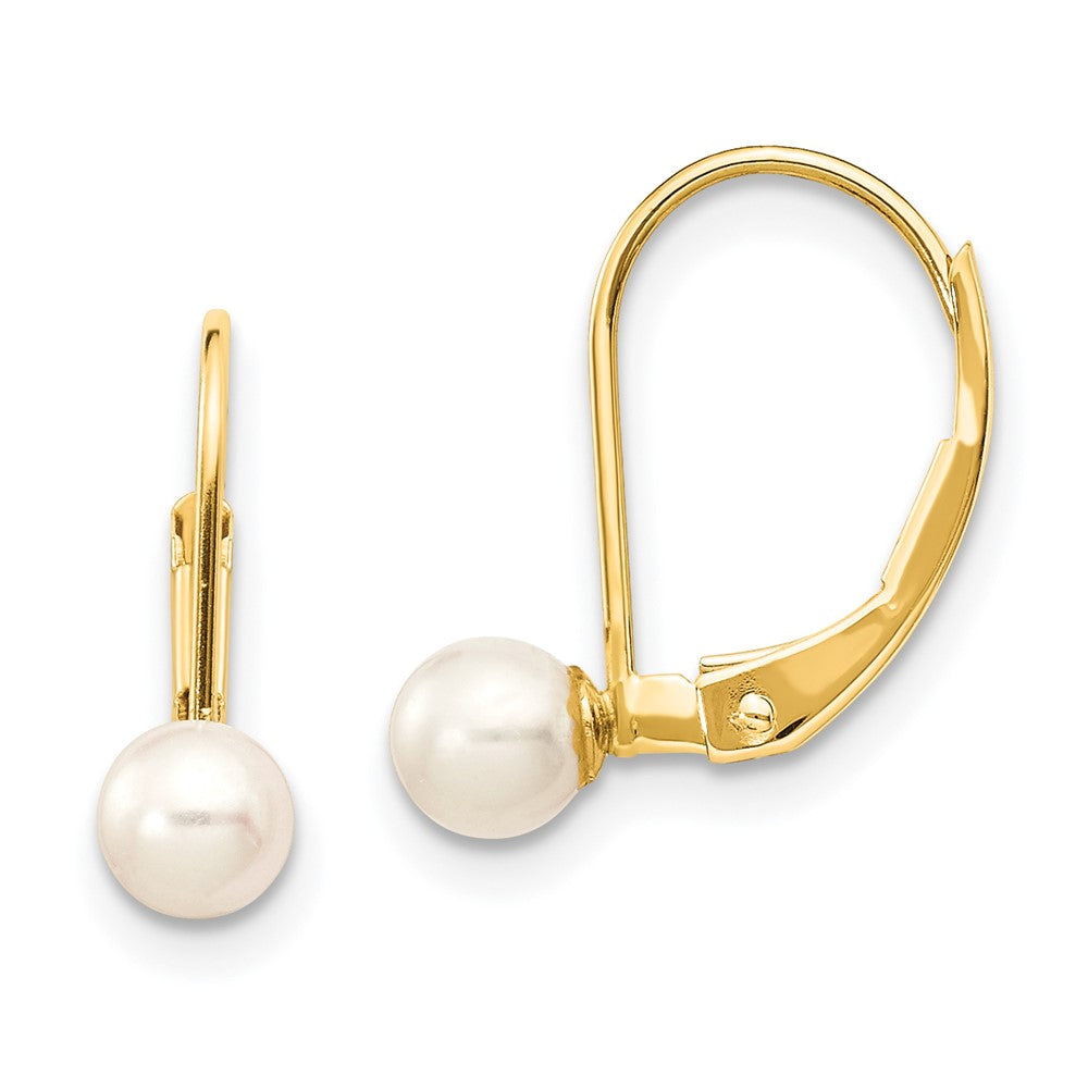 14K Yellow Gold 4 5mm White Round Freshwater Cultured Pearl Leverback Earrings