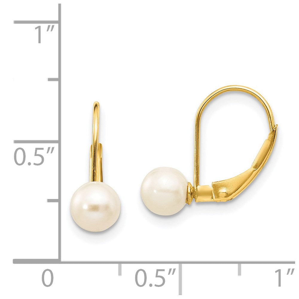 14K Yellow Gold 5 6mm White Round Freshwater Cultured Pearl Leverback Earrings