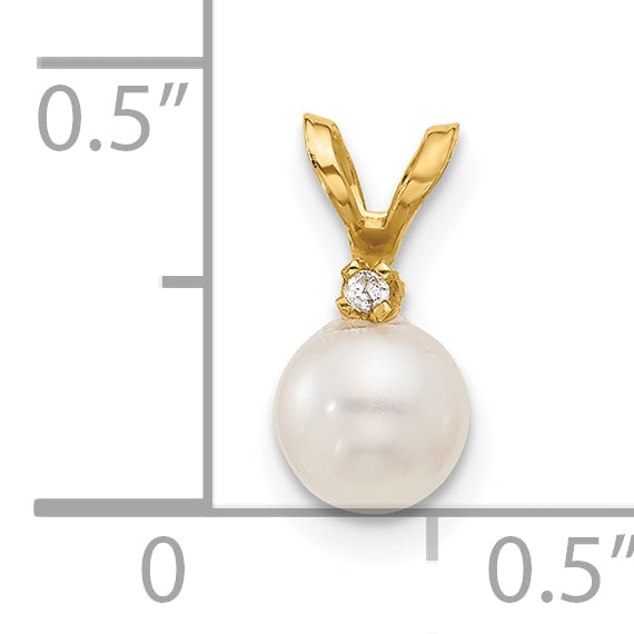 14K Yellow Gold 5 6mm White Round Freshwater Cultured Pearl And .01 Carat Diamond Pendant