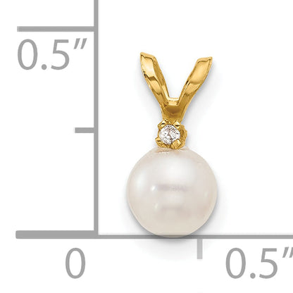14K Yellow Gold 5 6mm White Round Freshwater Cultured Pearl And .01 Carat Diamond Pendant