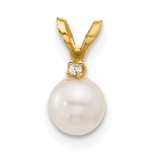 14K Yellow Gold 5 6mm White Round Freshwater Cultured Pearl And .01 Carat Diamond Pendant
