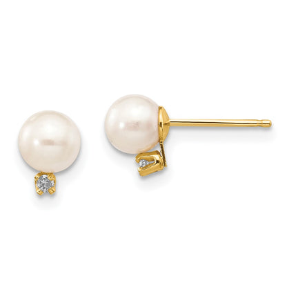 14K Yellow Gold 5 6mm White Round Freshwater Cultured Pearl And .02 Carat Diamond Post Earrings