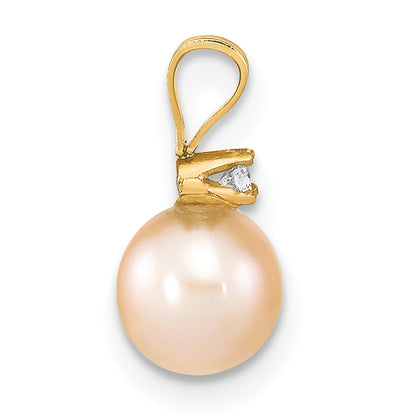 14K Yellow Gold 6 7mm Pink Round Freshwater Cultured Pearl And .03 Carat Diamond Pendant