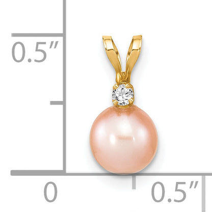 14K Yellow Gold 6 7mm Pink Round Freshwater Cultured Pearl And .03 Carat Diamond Pendant
