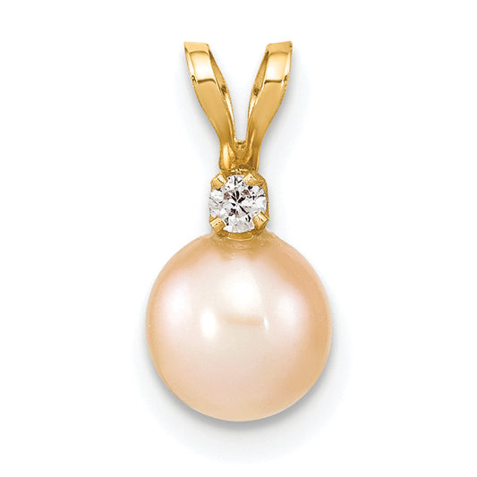 14K Yellow Gold 6 7mm Pink Round Freshwater Cultured Pearl And .03 Carat Diamond Pendant