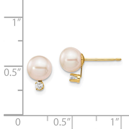 14K Yellow Gold 6 7mm White Round Freshwater Cultured Pearl And .06 Carat Diamond Post Earrings