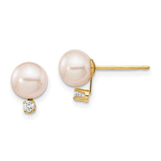 14K Yellow Gold 6 7mm White Round Freshwater Cultured Pearl And .06 Carat Diamond Post Earrings
