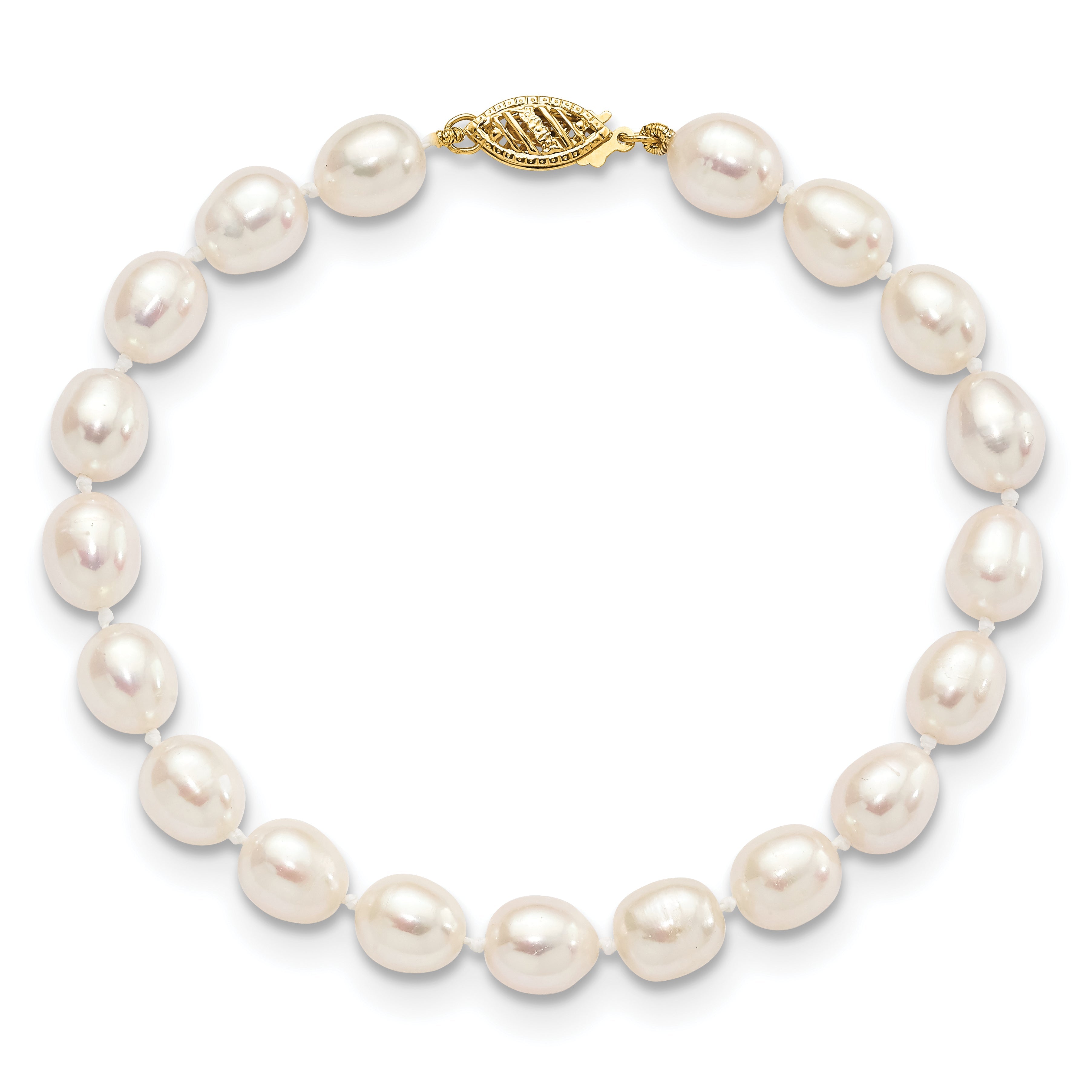 14K Yellow Gold 7 8mm White Rice Freshwater Cultured Pearl 7.5 Inch Bracelet