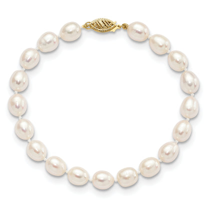 14K Yellow Gold 7 8mm White Rice Freshwater Cultured Pearl 7.5 Inch Bracelet