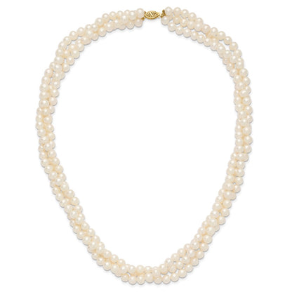 14K Yellow Gold 6 7mm White Near Round Freshwater Cultured Pearl 3 Strand 21 Inch Necklace