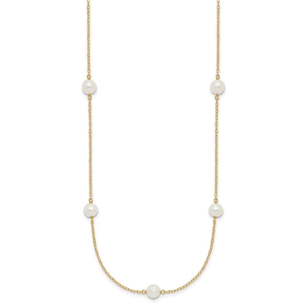 14K Yellow Gold 5 6mm White Near Round Freshwater Cultured Pearl 7 Station 16 Inch Necklace