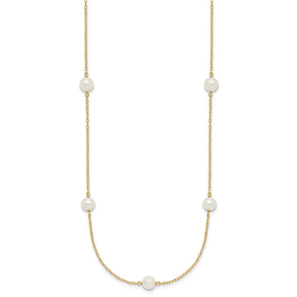 14K Yellow Gold 5 6mm White Near Round Freshwater Cultured Pearl 7 Station 16 Inch Necklace