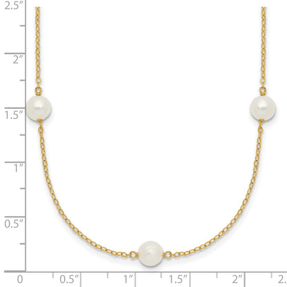 14K Yellow Gold 5 6mm White Near Round Freshwater Cultured Pearl 7 Station 16 Inch Necklace