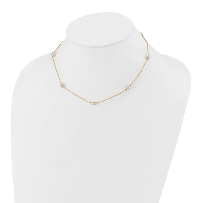 14K Yellow Gold 5 6mm White Near Round Freshwater Cultured Pearl 7 Station 16 Inch Necklace