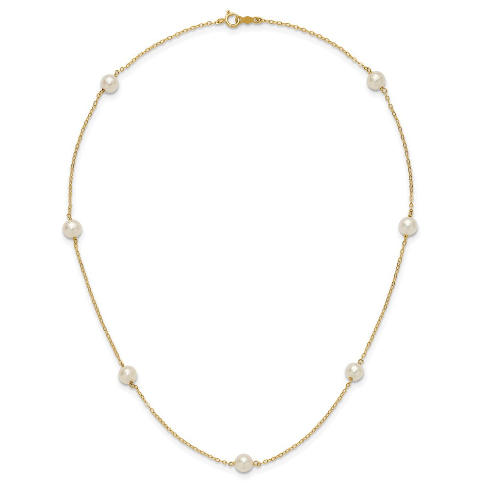14K Yellow Gold 5 6mm White Near Round Freshwater Cultured Pearl 7 Station 16 Inch Necklace