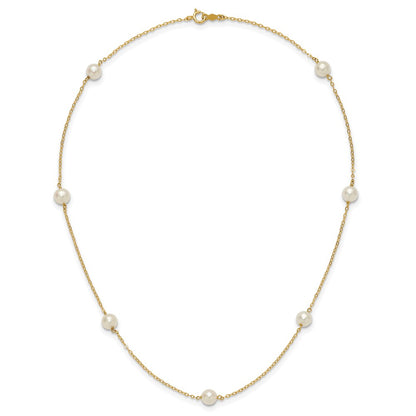 14K Yellow Gold 5 6mm White Near Round Freshwater Cultured Pearl 7 Station 16 Inch Necklace