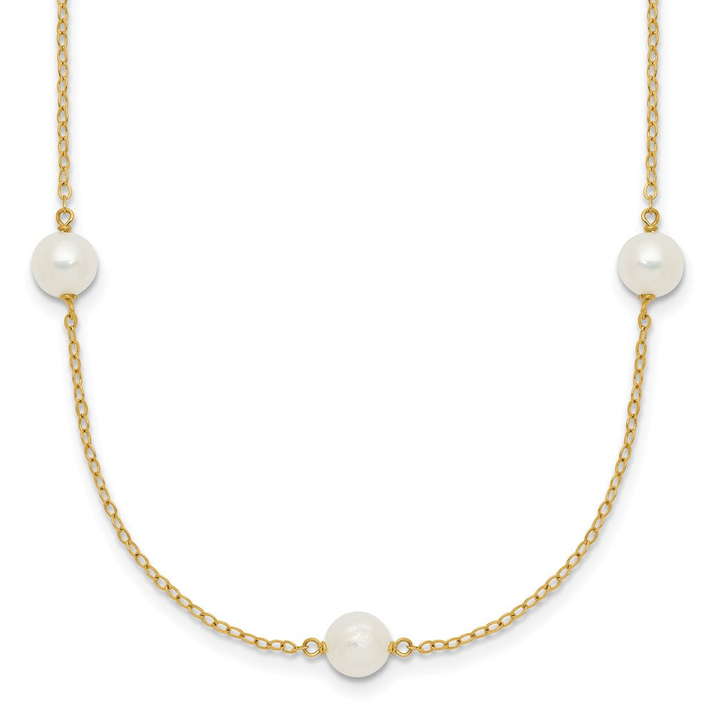 14K Yellow Gold 5 6mm White Near Round Freshwater Cultured Pearl 7 Station 16 Inch Necklace