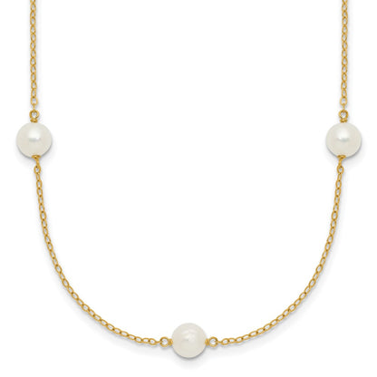 14K Yellow Gold 5 6mm White Near Round Freshwater Cultured Pearl 7 Station 16 Inch Necklace