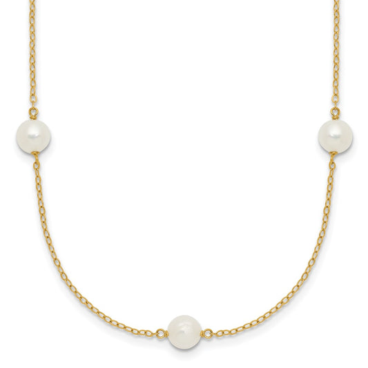14K Yellow Gold 5 6mm White Near Round Freshwater Cultured Pearl 7 Station 16 Inch Necklace