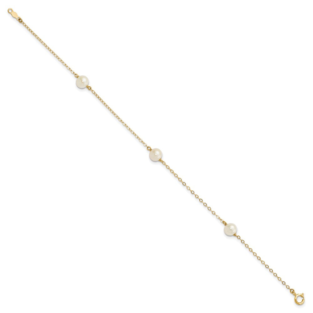 10K Yellow Gold 5-6mm White Near-Round Freshwater Cultured Pearl 3-Station 7.25 Inch Bracelet
