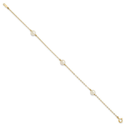 10K Yellow Gold 5-6mm White Near-Round Freshwater Cultured Pearl 3-Station 7.25 Inch Bracelet