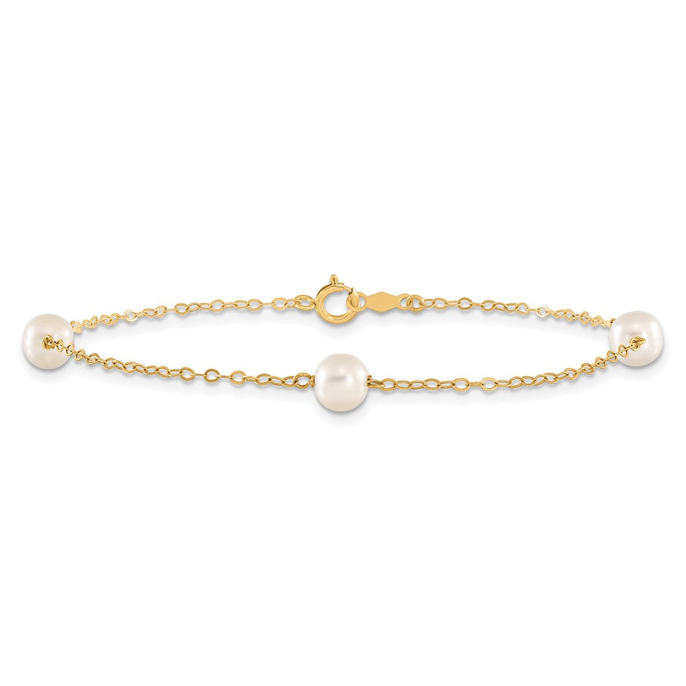 14K Yellow Gold 5 6mm White Near Round Freshwater Cultured Pearl 3 Station 7.25 Inch Bracelet