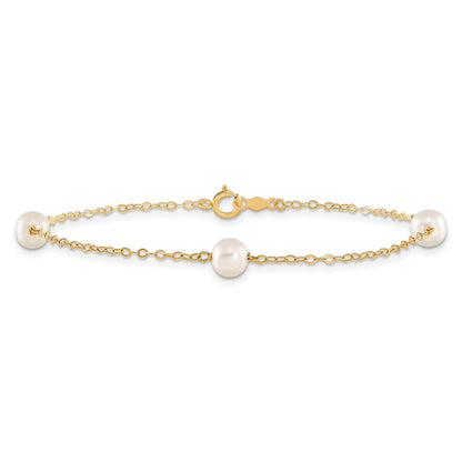 14K Yellow Gold 5 6mm White Near Round Freshwater Cultured Pearl 3 Station 7.25 Inch Bracelet