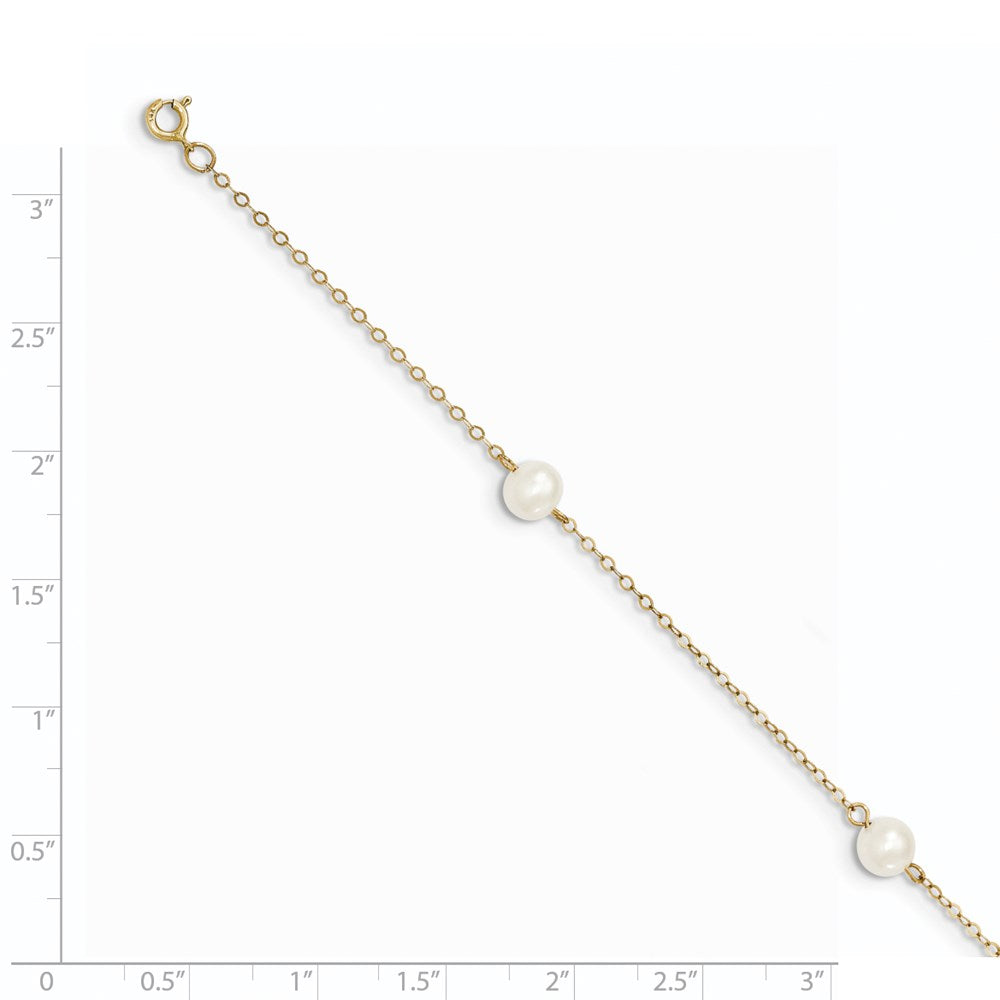 14K Yellow Gold 5 6mm White Near Round Freshwater Cultured Pearl 3 Station 7.25 Inch Bracelet
